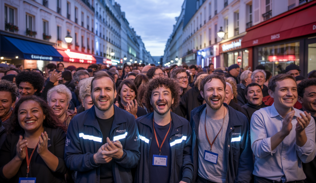 Foule réunie à Paris lors de la Fête de la Musique 2025 applaudissant chaleureusement les travailleurs de nuit sous un ciel crépusculaire urbain