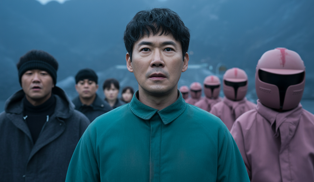 Affiche promotionnelle de la saison 3 de Squid Game montrant Seong Gi-hun face à des adversaires dans un décor sombre et menaçant, avec des motifs géométriques emblématiques et l'ambiance tendue du jeu.