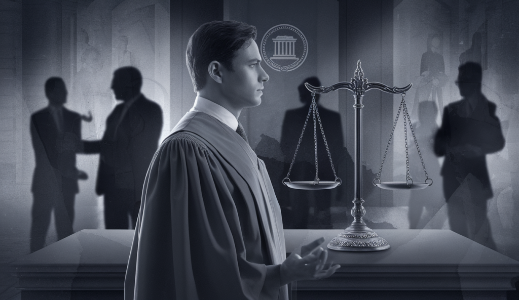 Illustration d'une avocate suspendue avec balance de la justice