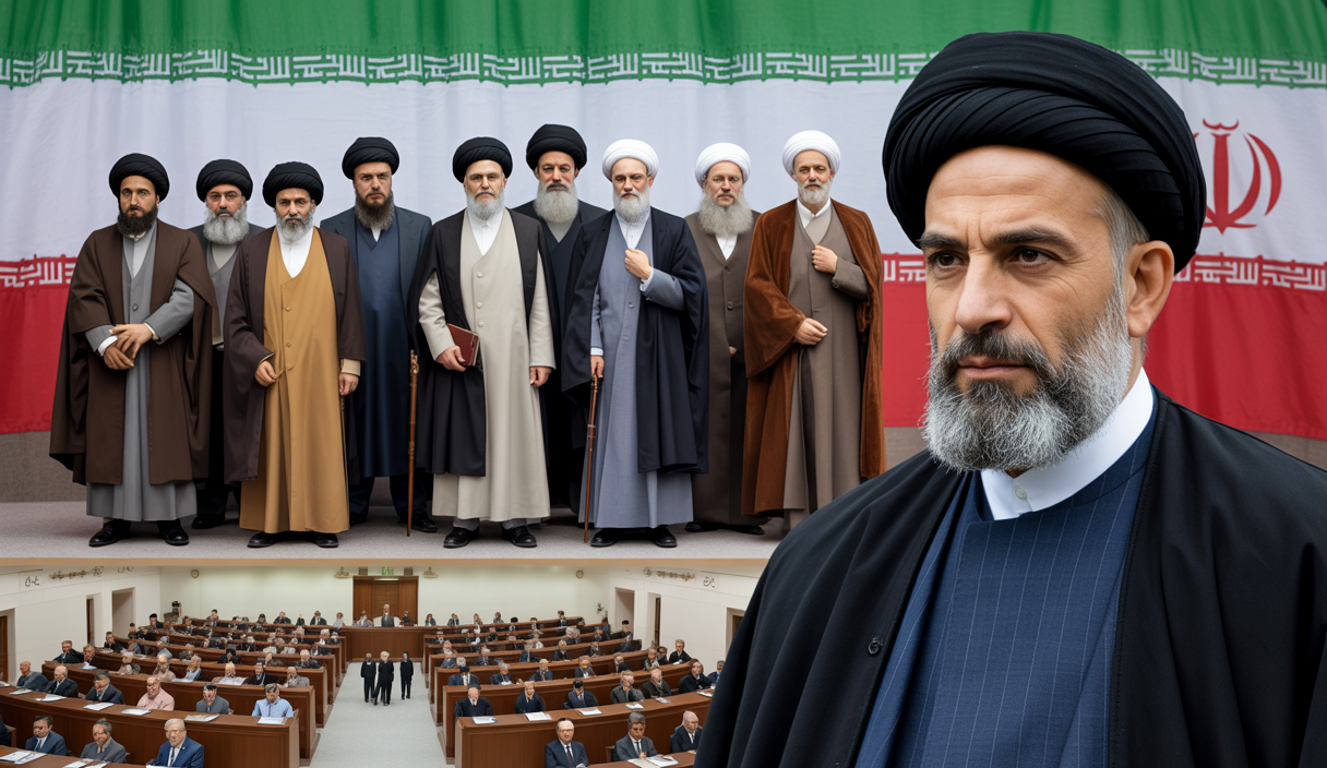 Illustration détaillée du complexe système politique iranien montrant le Guide suprême, le président, le Conseil des Gardiens, l'Assemblée des Experts et le Parlement dans un contexte géopolitique tendu