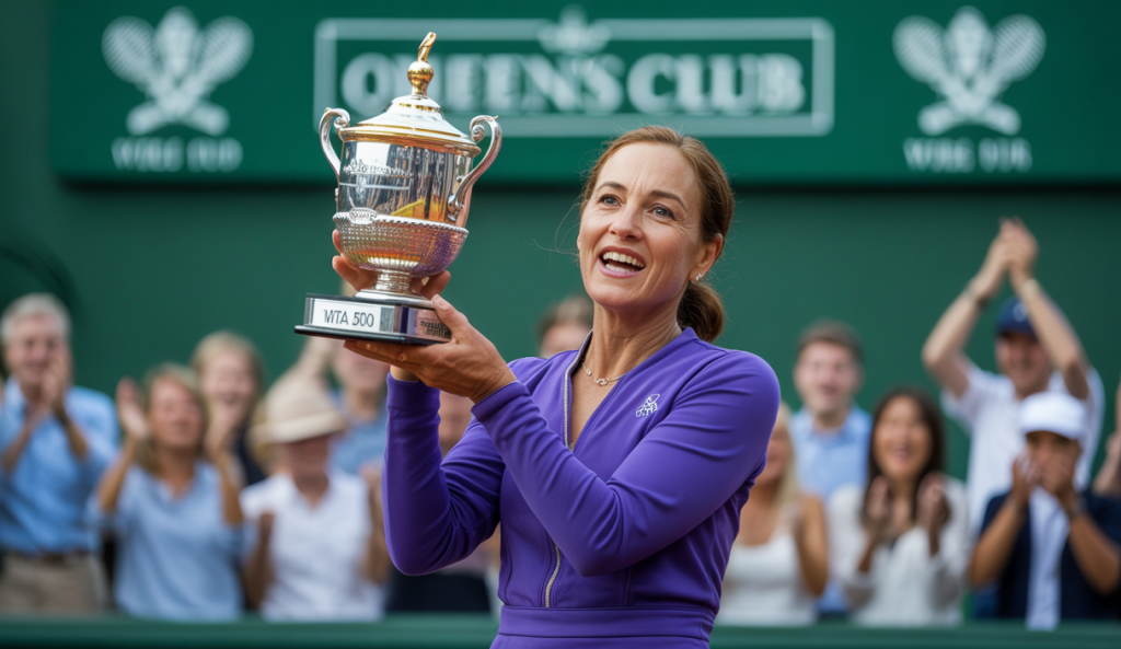 Tatjana Maria, championne de tennis la plus âgée, tenant un trophée WTA 500 au Queen's Club 2025.