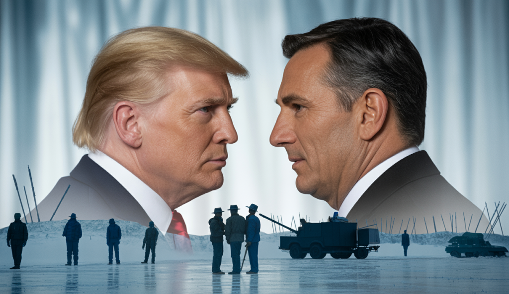 Donald Trump et Vladimir Poutine dans une illustration symbolique de tension politique.