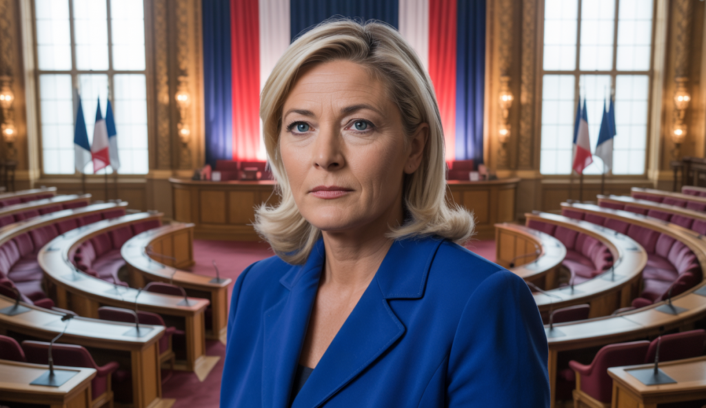 Marine Le Pen en pleine séance parlementaire, symbolisant la tension politique en France autour des débats sur la censure gouvernementale et les divisions profondes au sein de la société française.