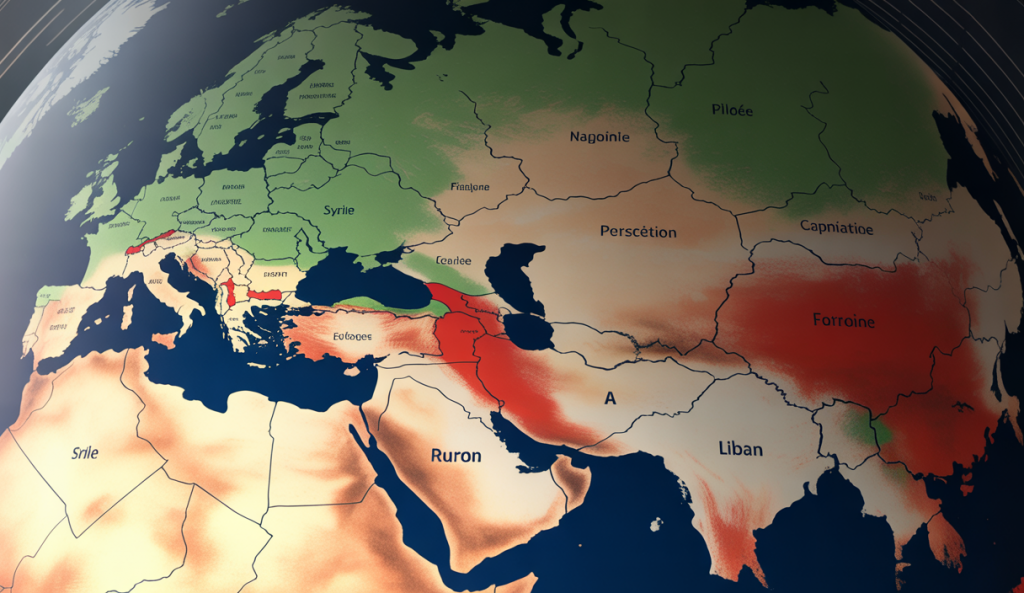 Carte géopolitique illustrant les tensions diplomatiques intensifiées en 2025 autour de la Palestine et de la Russie, avec des zones en conflit au Proche-Orient et en Europe