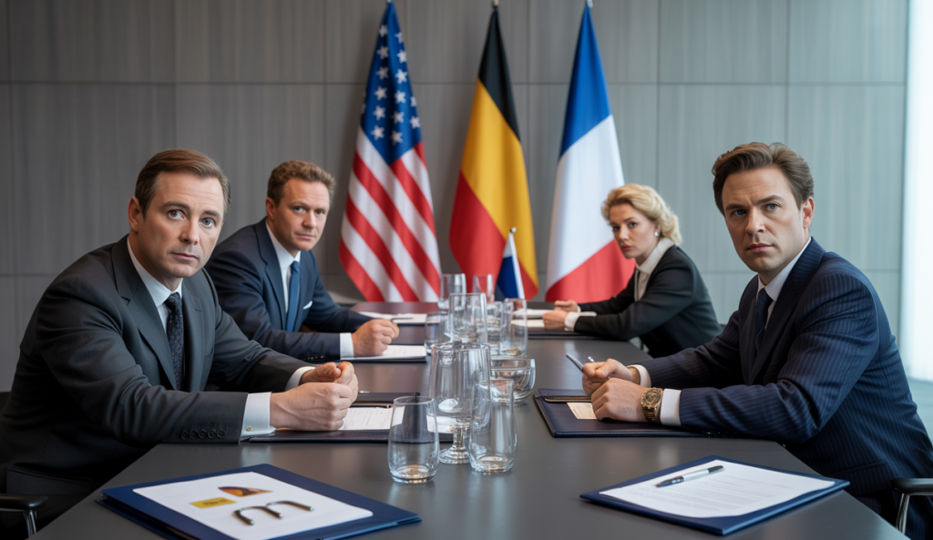 Réunion diplomatique tendue entre représentants de l'Union Européenne, des États-Unis, de l'Allemagne et de la France en 2025 autour d'une table avec drapeaux officiels et documents commerciaux, expression sérieuse et atmosphère de négociation cruciale