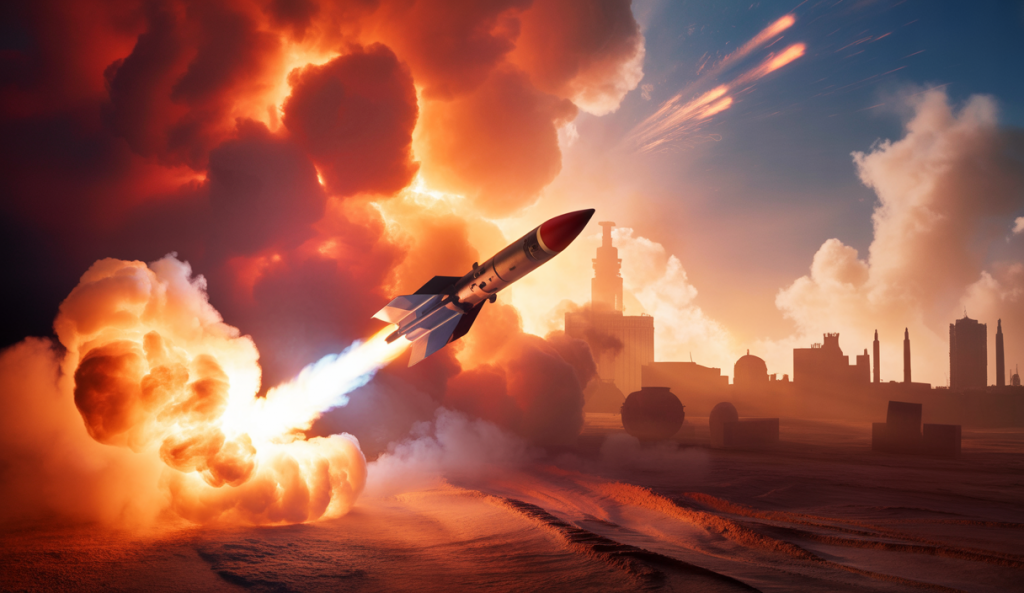 Illustration dramatique du conflit géopolitique Israël-Iran avec missiles en vol