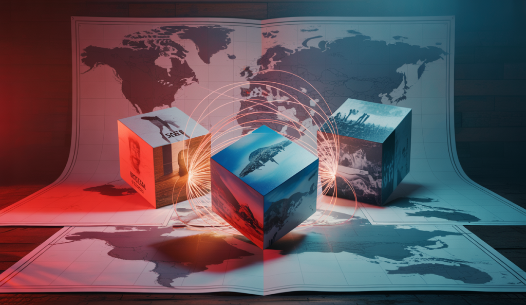 Représentation artistique des tensions géopolitiques mondiales en 2025