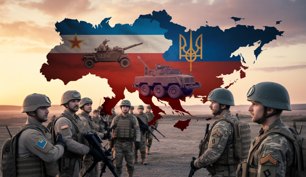 Carte conceptuelle montrant les tensions géopolitiques majeures en 2025 entre l'Ukraine, l'Iran-Israël, les États-Unis et la Chine, avec des symboles militaires et diplomatiques illustrant un monde fragilisé