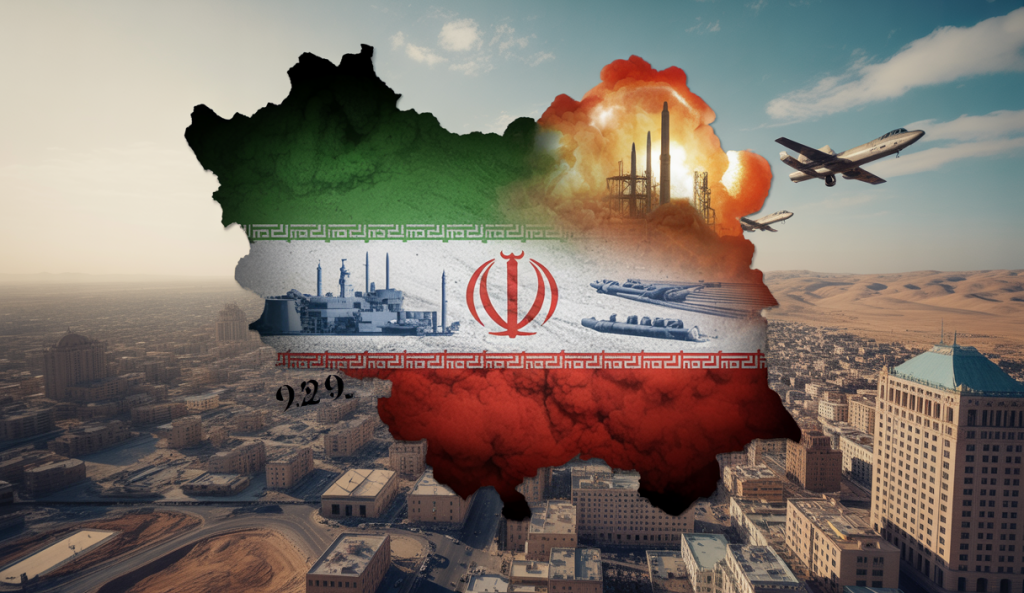Carte géopolitique illustrant les tensions entre Iran, Israël et États-Unis en 2025 avec des symboles de cessez-le-feu fragile et impacts géopolitiques majeurs au Moyen-Orient