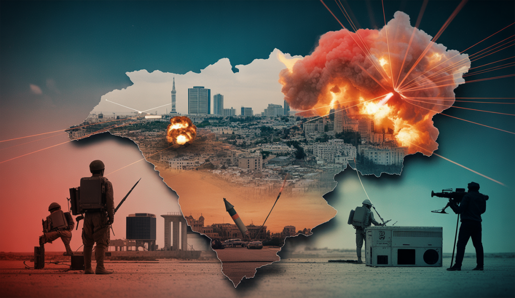 Carte illustrée montrant Israel, l'Iran et le Liban avec les zones de conflit et les missiles en vol, symbolisant les tensions militaires et diplomatiques en 2025 au Moyen-Orient