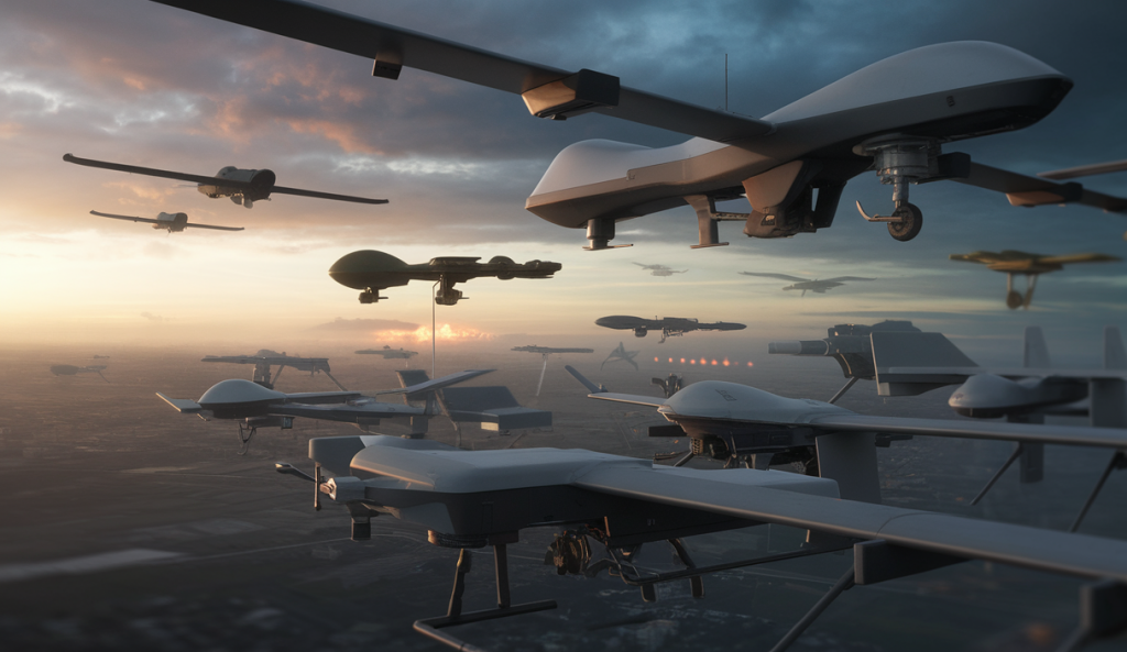 Illustration des tensions militaires entre la Russie et l'Ukraine avec des drones en vol