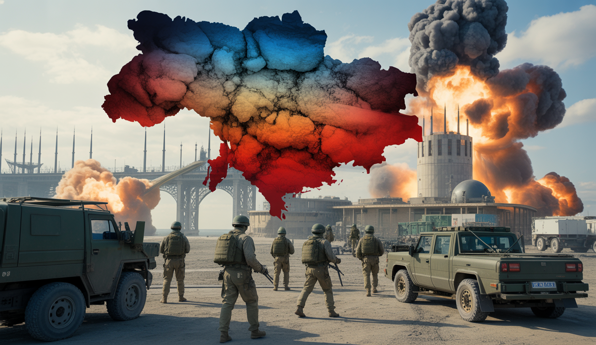 Carte artistique montrant les tensions mondiales exacerbées par les conflits en Ukraine et en Iran en 2025, avec des symboles militaires, des cartes des régions affectées et des éléments géopolitiques