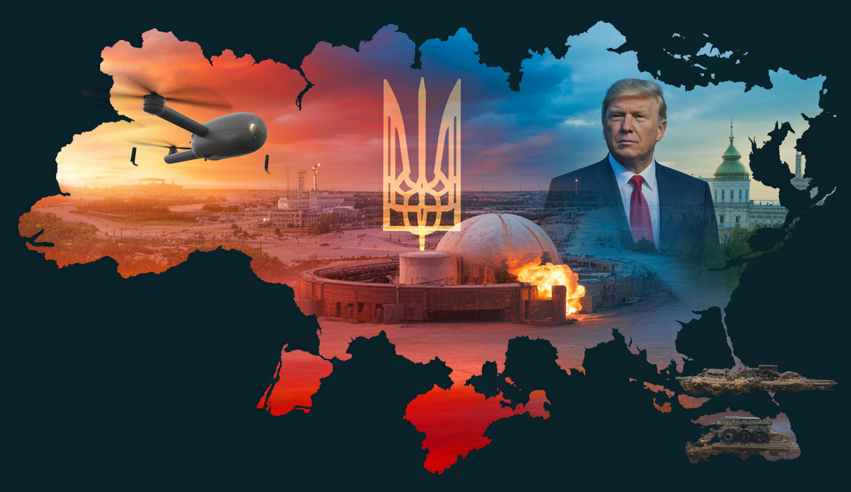 Carte géopolitique stylisée montrant les tensions et conflits entre l’Ukraine, l’Iran et les États-Unis en 2025, avec des frappes militaires, menaces diplomatiques et interactions internationales