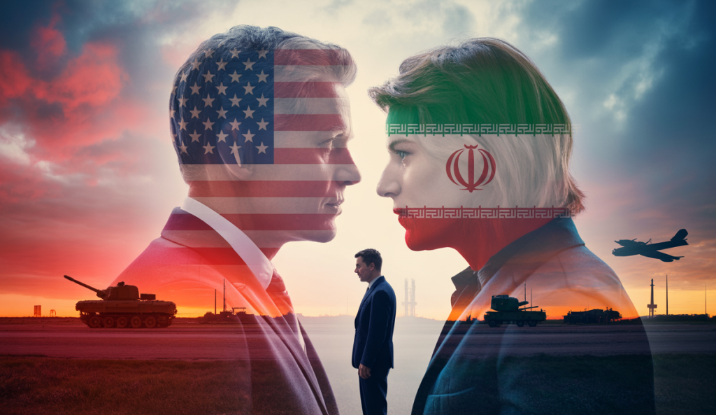 Tensions croissantes entre les États-Unis et l'Iran avec une représentation symbolique d'une crise diplomatique.