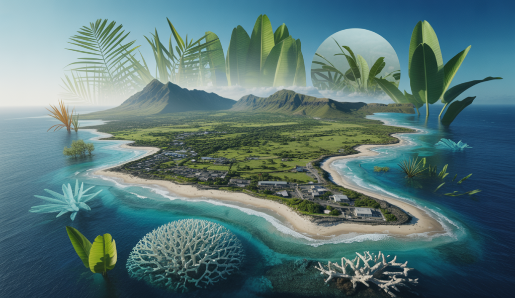 Vue panoramique d'un paysage d'Outre-mer illustrant l'impact du changement climatique