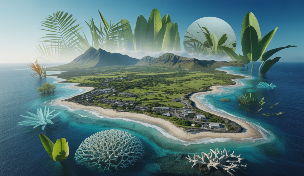Vue panoramique d'un paysage d'Outre-mer illustrant l'impact du changement climatique