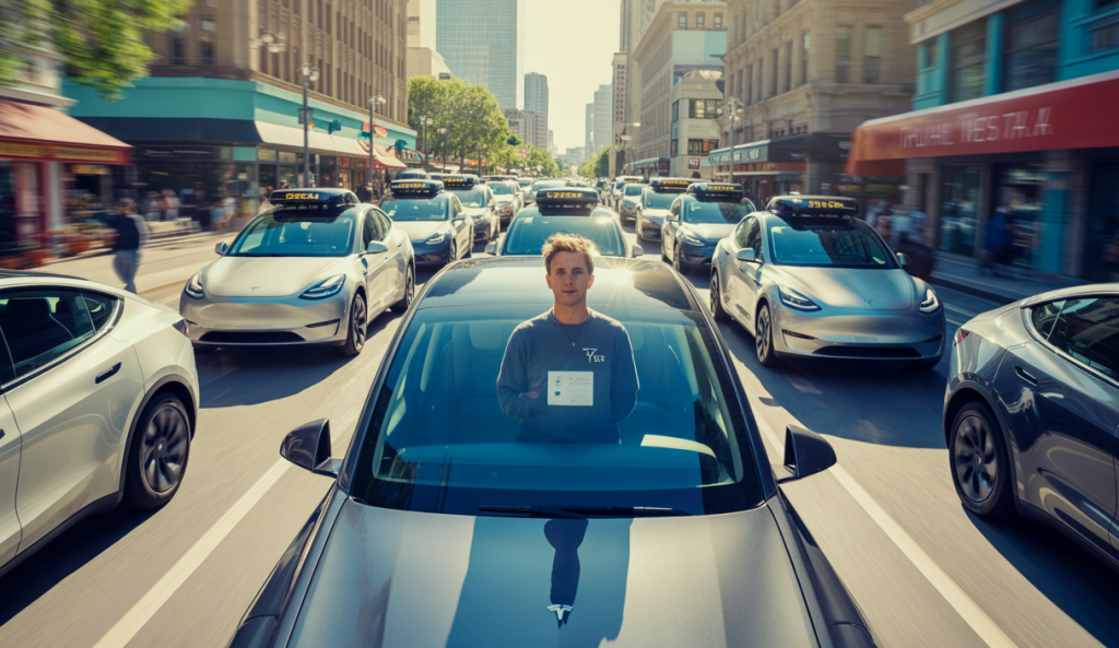 Tesla Model Y robotaxis autonomes en service d'essai à Austin, Texas, avec un employé Tesla en siège passager avant pour la sécurité