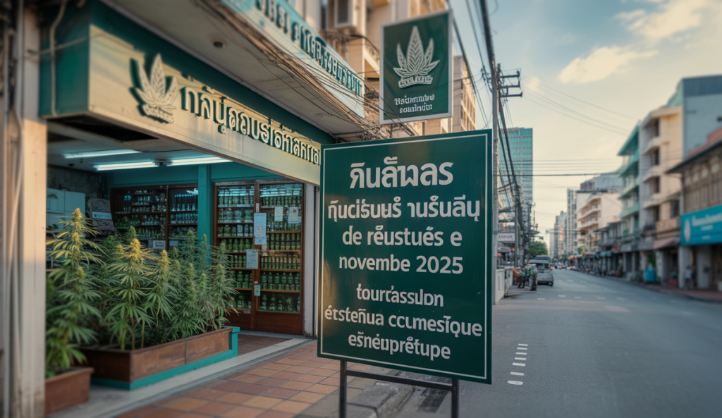 Boutique de cannabis en Thaïlande fermée avec un panneau annonçant le durcissement des règles, illustrant la répression à partir de fin 2025