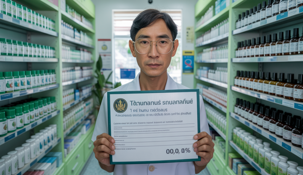 Pharmacien thaïlandais dans une pharmacie moderne montrant une ordonnance médicale pour cannabis, avec des étagères contenant des produits à base de cannabis médicinal en arrière-plan.