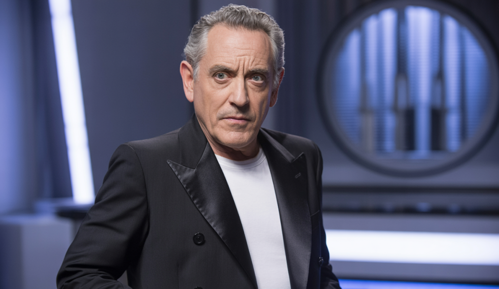 Portrait de Thierry Ardisson, animateur emblématique de la télévision française en costume noir, dans un studio télévisé sophistiqué avec éclairage dramatique