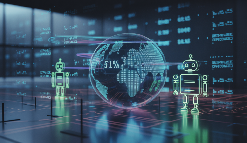 Illustration d'un trafic internet dominé par des bots en 2025, montrant une représentation visuelle de données numériques avec des icônes de robots et d'ordinateurs interconnectés dans un univers cybernétique futuriste