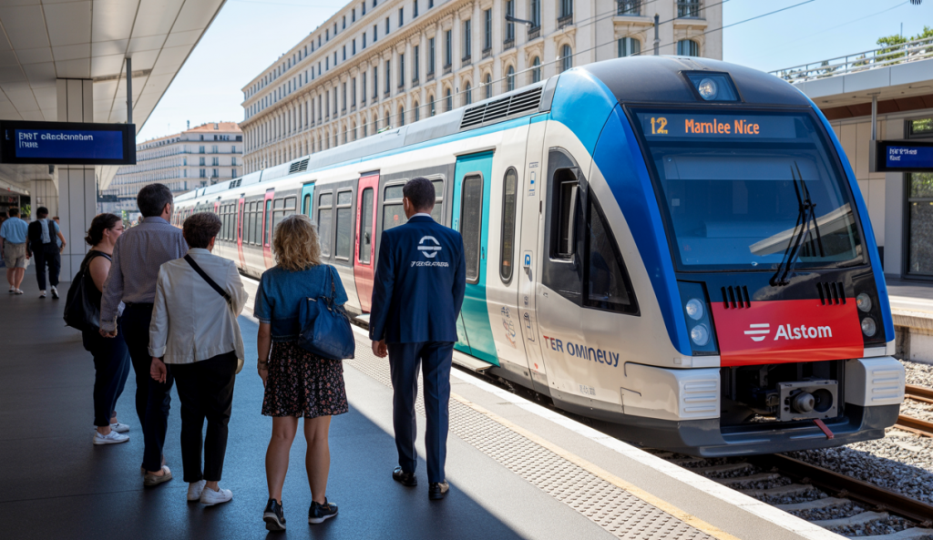 Premier TER de Transdev circulant sur la ligne Marseille-Nice avec trains Omneo Alstom modernes en gare Saint-Charles, symbolisant la libéralisation ferroviaire en France.