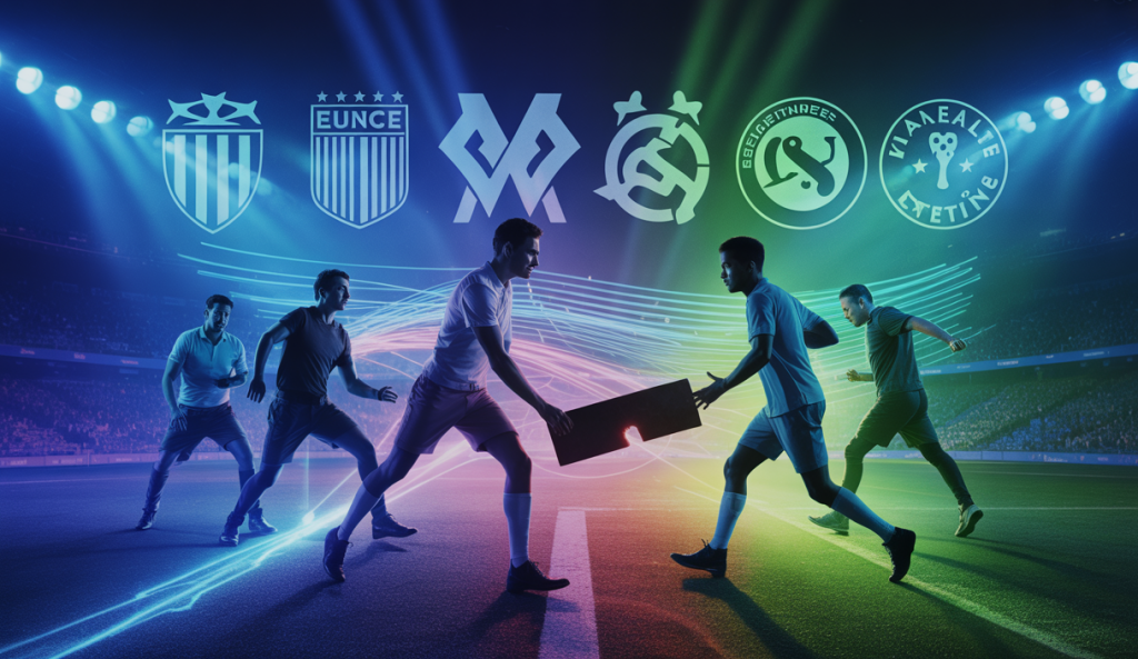 Illustration colorée et dynamique du marché des transferts de football avec des légendes de clubs européens