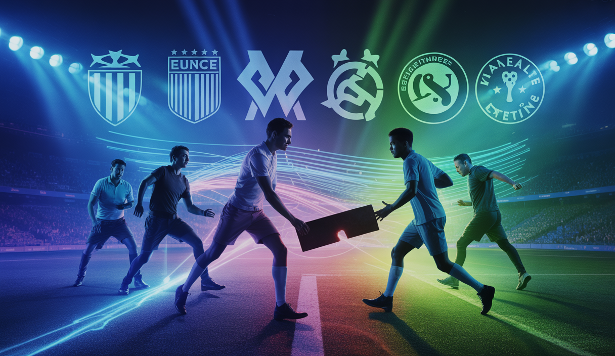 Illustration colorée et dynamique du marché des transferts de football avec des légendes de clubs européens