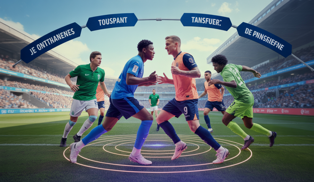 Illustration d'un match de football futuriste en 2025 avec un focus sur les transferts de joueurs