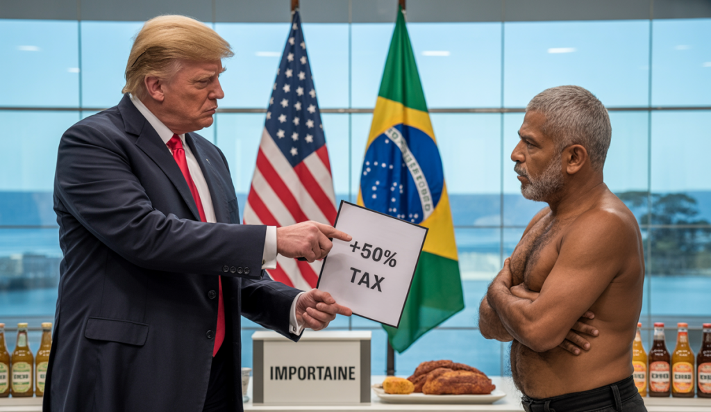 Donald Trump annonce une taxe de 50% sur les produits brésiliens, face au président brésilien Lula, dans une salle officielle avec des drapeaux américains et brésiliens, contexte de tensions commerciales.