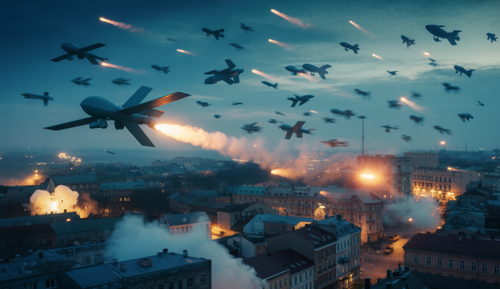 Une ville ukrainienne sous les feux d'une attaque massive de drones et missiles russes, avec des infrastructures militaires visées