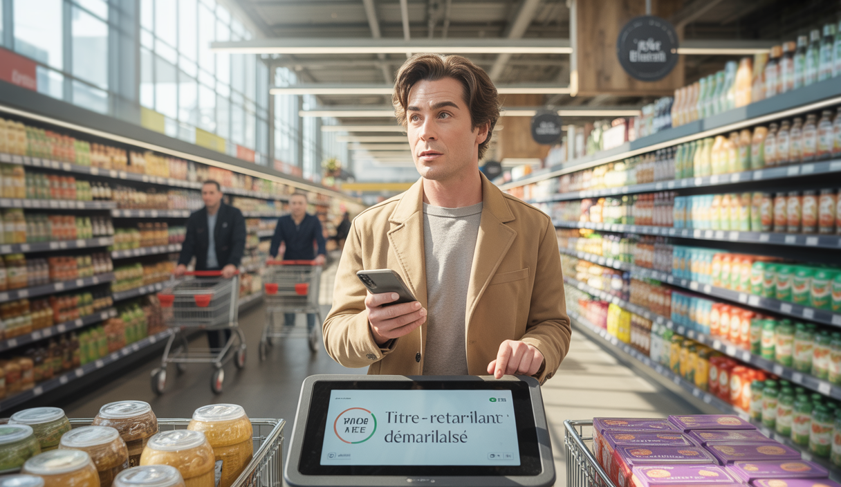 Illustration d'une scène en supermarché où un client utilise un titre-restaurant dématérialisé pour payer ses courses, avec un décor moderne et lumineux