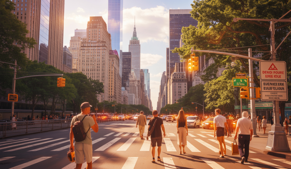 Vue urbaine de New York sous une chaleur intense avec des rues animées, ciel dégagé et reflets lumineux montrant une canicule exceptionnelle en juin 2025