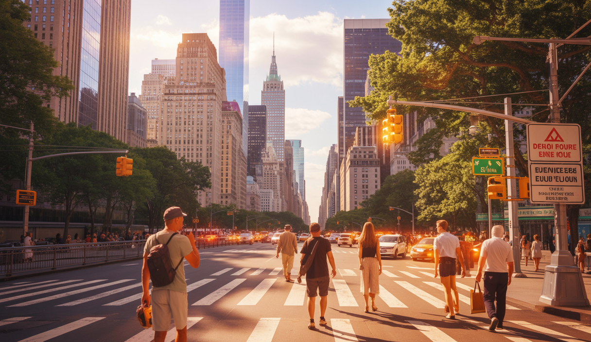 Vue urbaine de New York sous une chaleur intense avec des rues animées, ciel dégagé et reflets lumineux montrant une canicule exceptionnelle en juin 2025