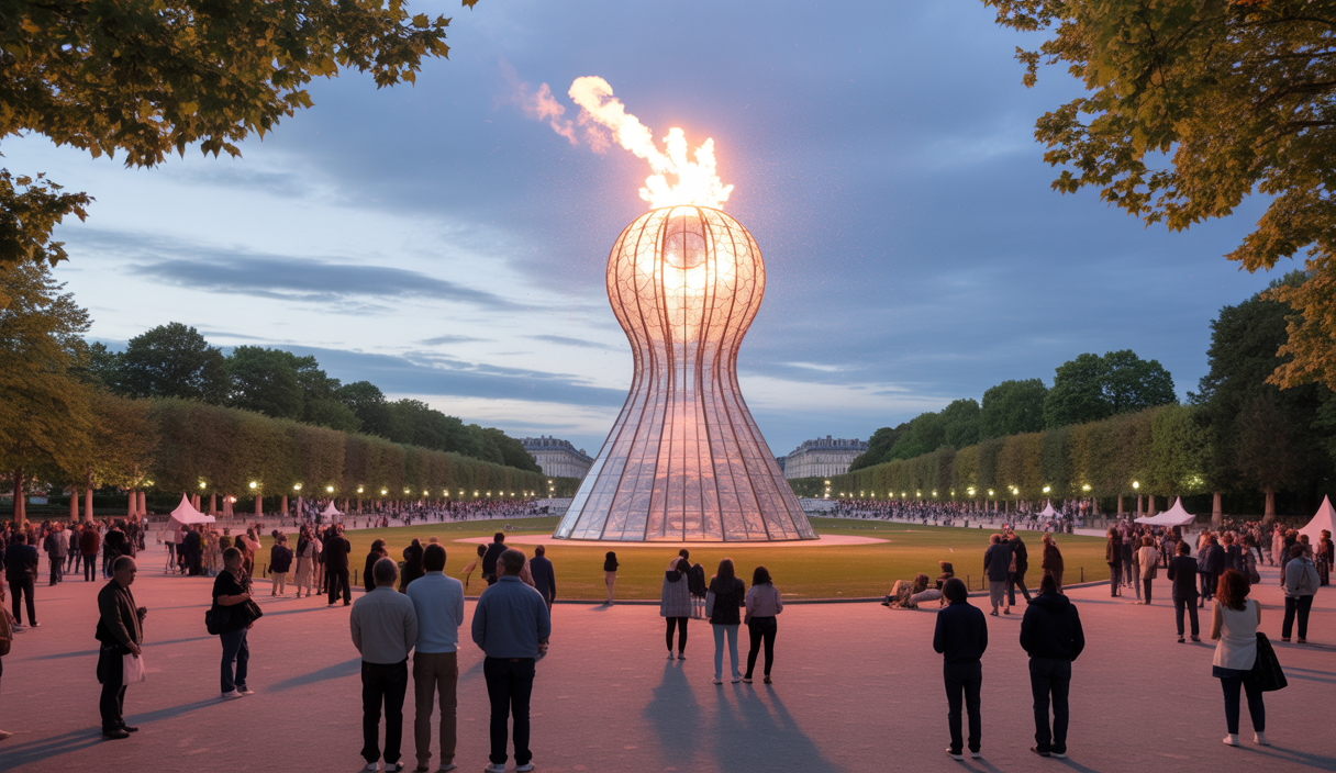 La vasque olympique illuminée au-dessus du jardin des Tuileries à Paris avec le ciel crépusculaire en arrière-plan, entourée par des arbres et des visiteurs admirant le monument