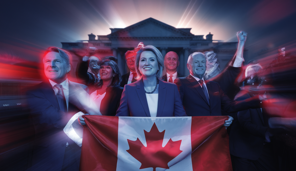 Illustration montrant la victoire électorale du Parti libéral canadien en 2025 avec tensions internationales