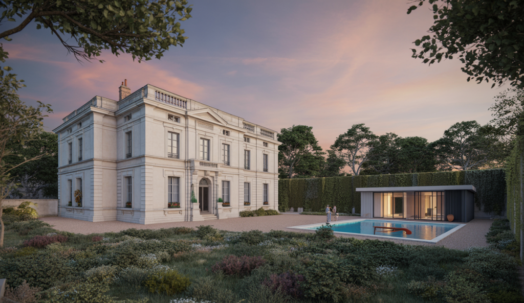 Vue extérieure de la villa néoclassique de Karl Lagerfeld à Louveciennes avec son parc paysager, piscine et court de tennis