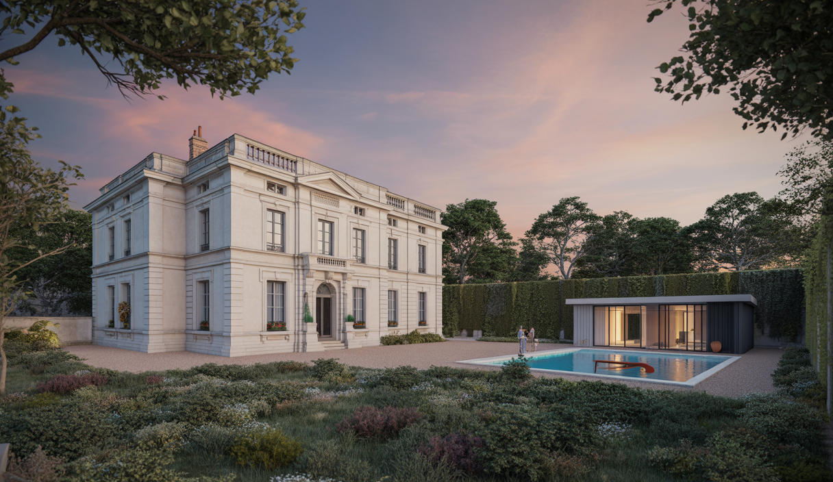 Vue extérieure de la villa néoclassique de Karl Lagerfeld à Louveciennes avec son parc paysager, piscine et court de tennis