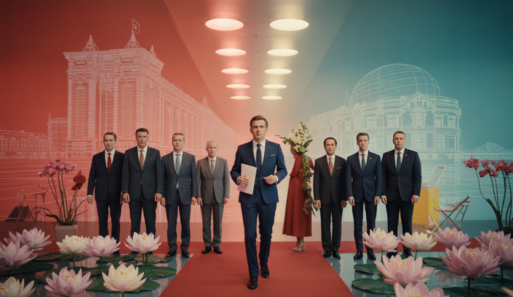 Image illustrant la visite d'Emmanuel Macron au Vietnam avec des thèmes de souveraineté économique et éducation.