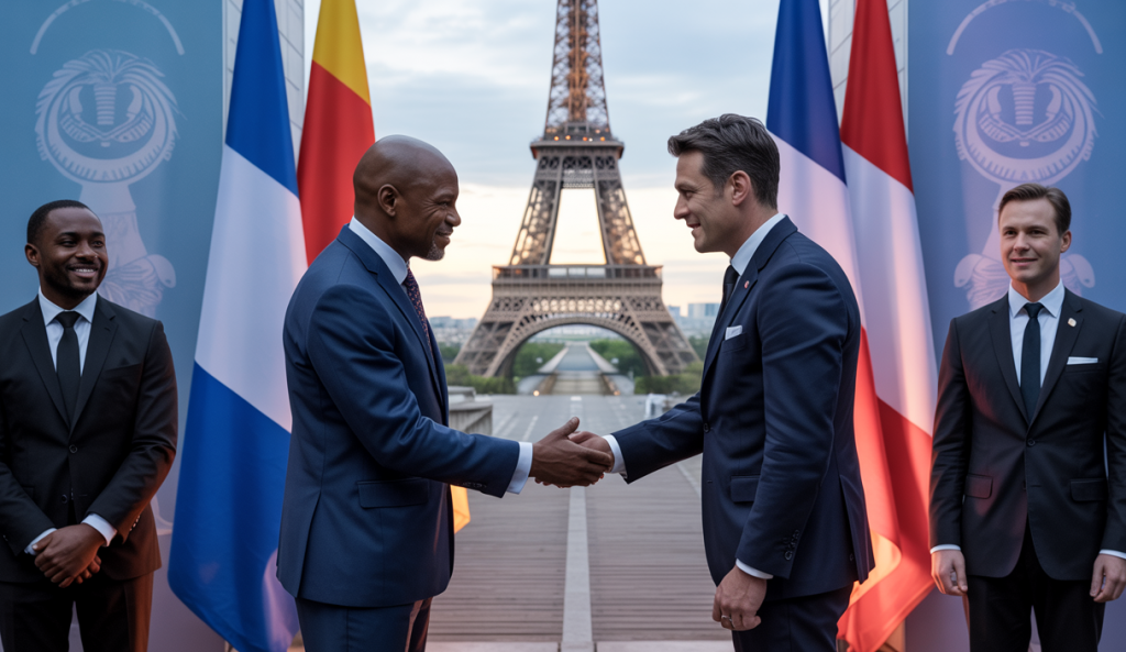 Délégation lors de la visite officielle du président congolais à Paris, symbole de coopération bilatérale.