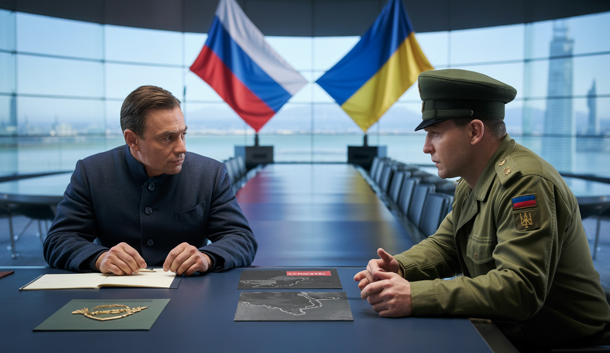 Illustration évocatrice de Vladimir Poutine discutant de stratégie de cessez-le-feu en Ukraine
