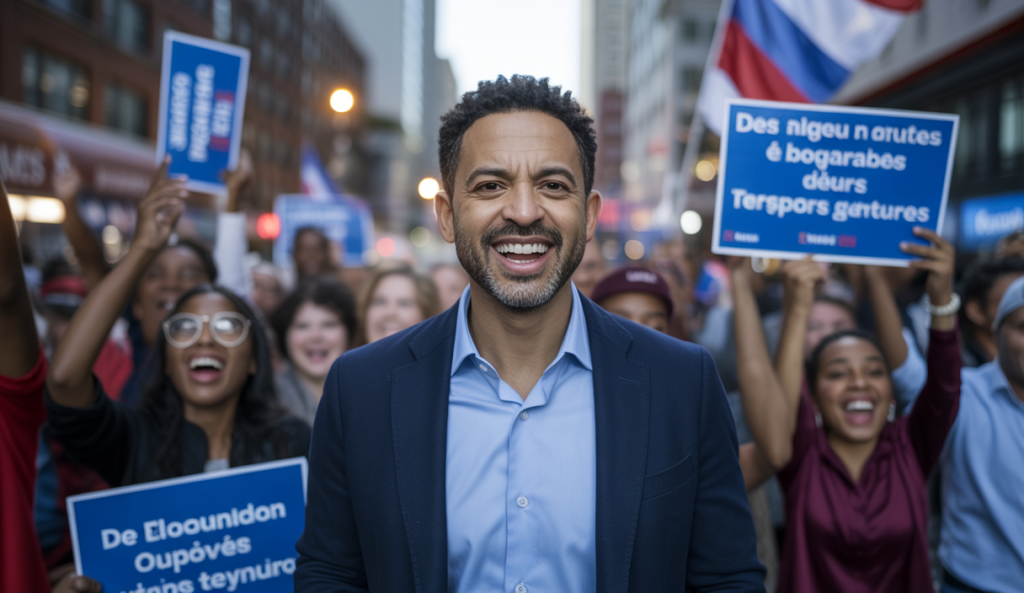 Zohran Mamdani, jeune homme musulman d'origine ougandaise, célèbre sa victoire électorale à New York en juin 2025, entouré de partisans enthousiastes lors d'une soirée de campagne à Queens.